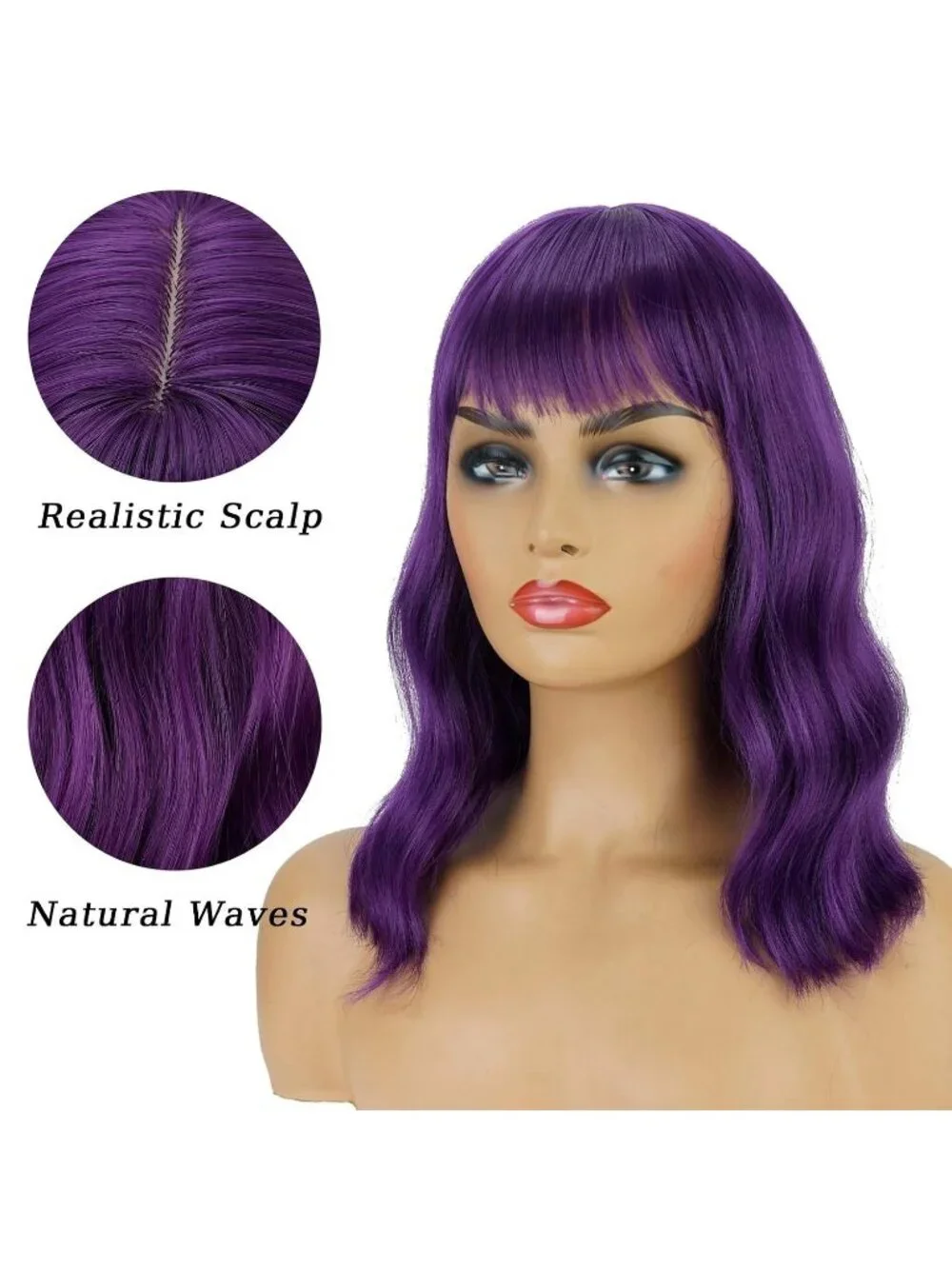 Women's Dark Purple 14 Inch Heat Resistant Short Bangs Bob Modern Wavy Wigs